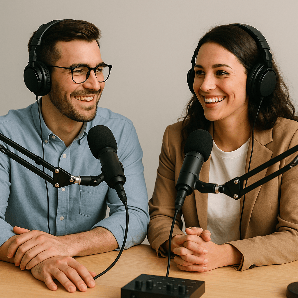 Two people recording a podcast with microphones and headphones